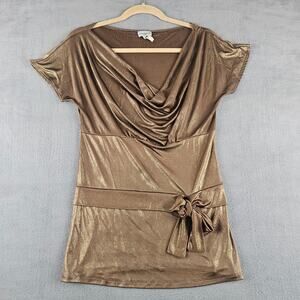 Vintage Y2K Metallic Gold Shimmer Cowl Neck Tunic Top with Waist Tie Large